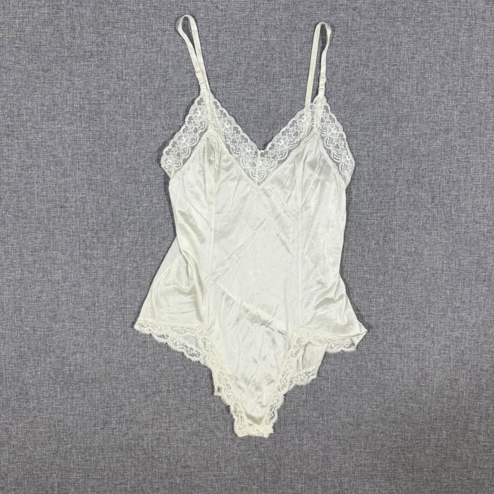 VTG Sans Souci Lingerie Bodysuit Women S Ivory Lace Trim Coquette Balletcore 80s